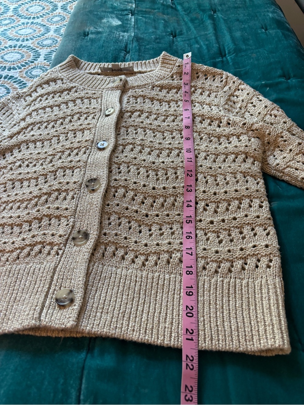 LOFT Beige and Gold thread Open-Knit Button Front Cardigan - Picture 5 of 8